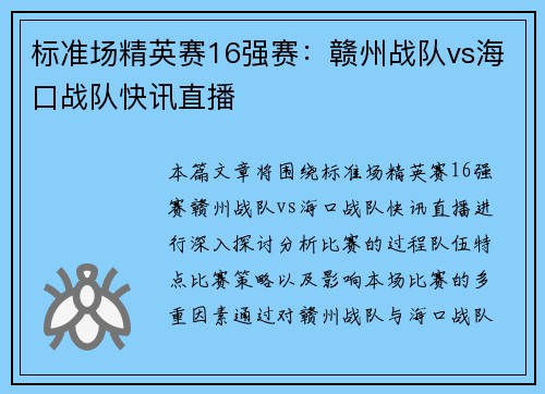 标准场精英赛16强赛：赣州战队vs海口战队快讯直播
