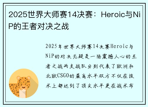 2025世界大师赛14决赛：Heroic与NiP的王者对决之战